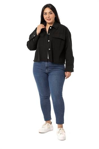 Büyük Beden Kapaklı Cepli Eteği Pis Dikişli Siyah Ceket