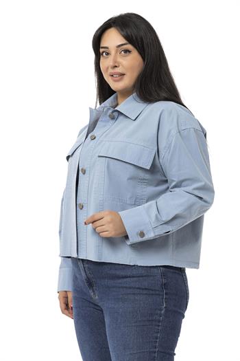 Büyük Beden Kapaklı Cepli Eteği Pis Dikişli Mavi Ceket
