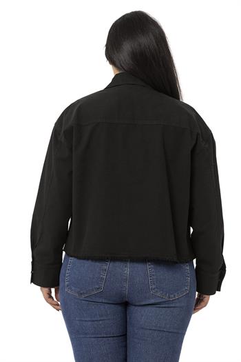 Büyük Beden Kapaklı Cepli Eteği Pis Dikişli Siyah Ceket
