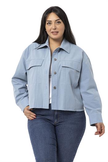 Büyük Beden Kapaklı Cepli Eteği Pis Dikişli Mavi Ceket