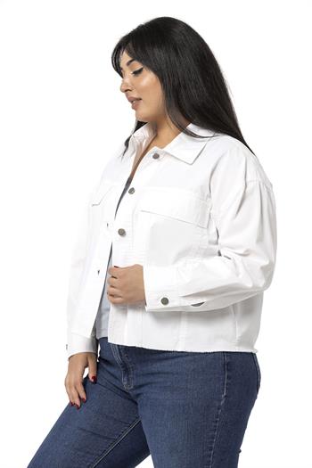 Büyük Beden Kapaklı Cepli Eteği Pis Dikişli Beyaz Ceket