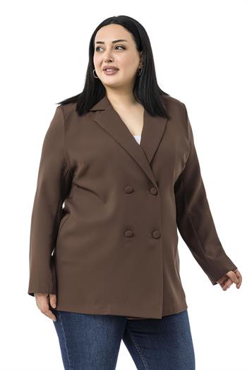 Büyük Beden Kaplama Düğmeli Kruvaze Kahverengi Astarsız Ceket