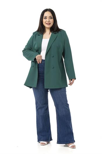 Büyük Beden Kaplama Düğmeli Kruvaze Zümrüt Yeşili Astarsız Ceket
