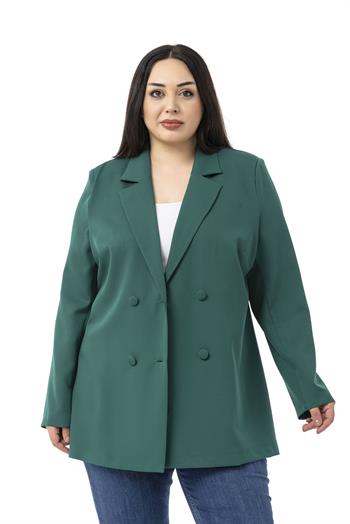 Büyük Beden Kaplama Düğmeli Kruvaze Zümrüt Yeşili Astarsız Ceket