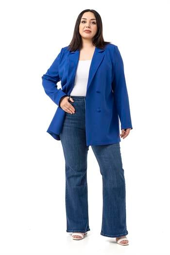 Büyük Beden Kaplama Düğmeli Kruvaze Saks Mavi Astarsız Ceket