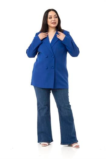 Büyük Beden Kaplama Düğmeli Kruvaze Saks Mavi Astarsız Ceket