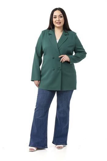 Büyük Beden Kaplama Düğmeli Kruvaze Zümrüt Yeşili Astarsız Ceket