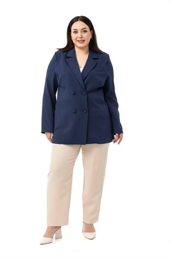 Büyük Beden Kaplama Düğmeli Kruvaze Lacivert Astarsız Ceket
