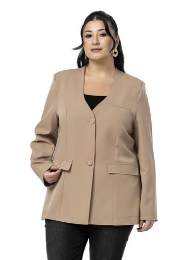 Büyük Beden Kaplama Düğmeli Süs Cep Kapaklı Vatkalı Vizon Ceket