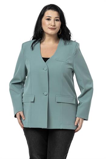 Büyük Beden Kaplama Düğmeli Süs Cep Kapaklı Vatkalı Mint Yeşili Ceket