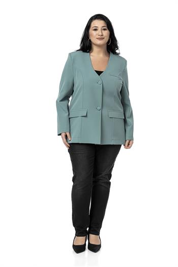 Büyük Beden Kaplama Düğmeli Süs Cep Kapaklı Vatkalı Mint Yeşili Ceket