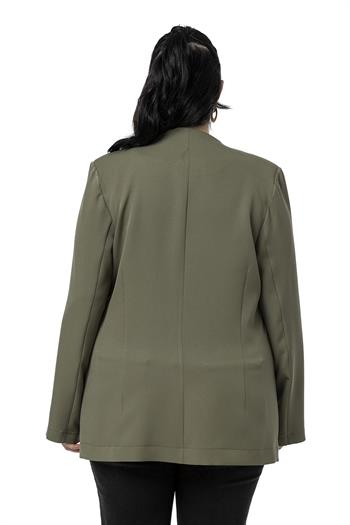 Büyük Beden Kaplama Düğmeli Süs Cep Kapaklı Vatkalı Haki Ceket