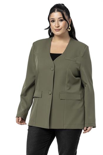 Büyük Beden Kaplama Düğmeli Süs Cep Kapaklı Vatkalı Haki Ceket