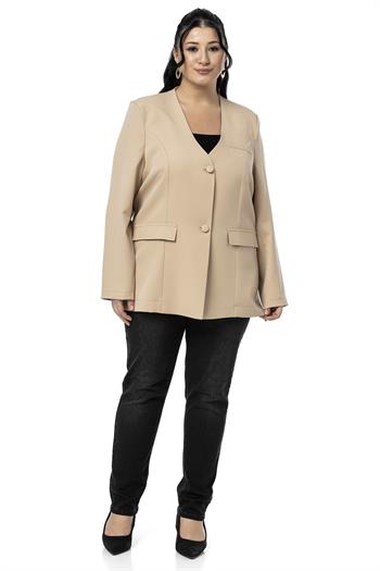 Büyük Beden Kaplama Düğmeli Süs Cep Kapaklı Vatkalı Bej Rengi Ceket