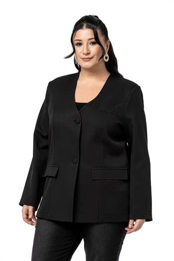 Büyük Beden Kaplama Düğmeli Süs Cep Kapaklı Vatkalı Siyah Ceket