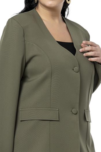 Büyük Beden Kaplama Düğmeli Süs Cep Kapaklı Vatkalı Haki Ceket