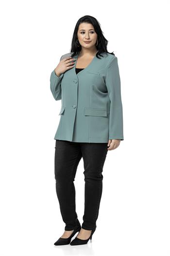 Büyük Beden Kaplama Düğmeli Süs Cep Kapaklı Vatkalı Mint Yeşili Ceket