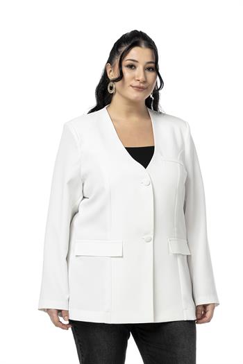 Büyük Beden Kaplama Düğmeli Süs Cep Kapaklı Vatkalı Beyaz Ceket