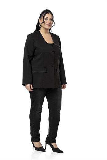 Büyük Beden Kaplama Düğmeli Süs Cep Kapaklı Vatkalı Siyah Ceket