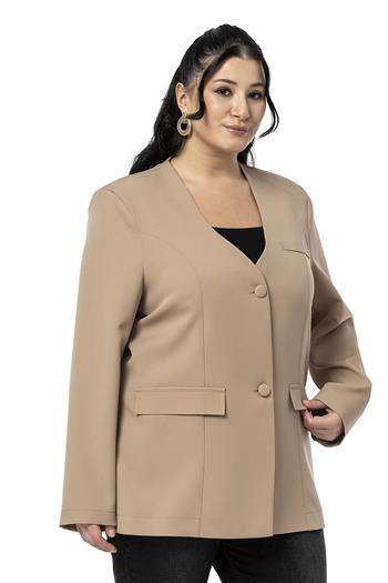 Büyük Beden Kaplama Düğmeli Süs Cep Kapaklı Vatkalı Vizon Ceket