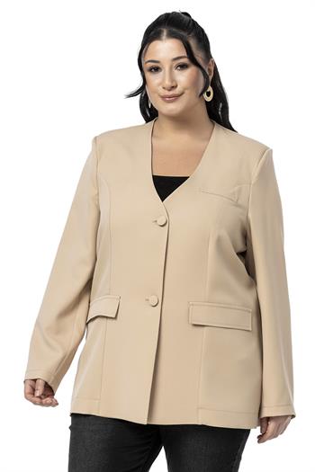 Büyük Beden Kaplama Düğmeli Süs Cep Kapaklı Vatkalı Bej Rengi Ceket