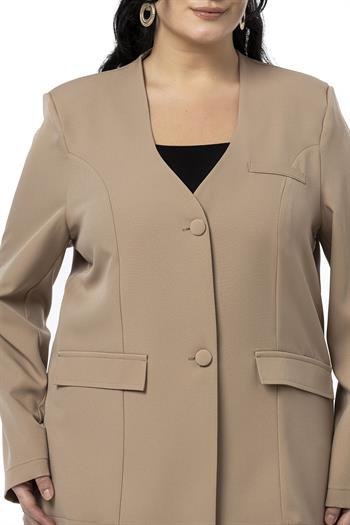 Büyük Beden Kaplama Düğmeli Süs Cep Kapaklı Vatkalı Vizon Ceket