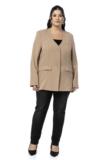 Büyük Beden Kaplama Düğmeli Süs Cep Kapaklı Vatkalı Vizon Ceket