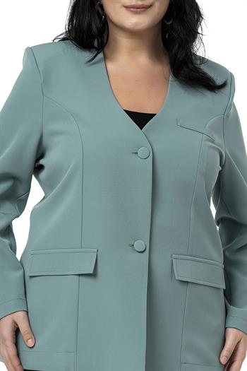 Büyük Beden Kaplama Düğmeli Süs Cep Kapaklı Vatkalı Mint Yeşili Ceket