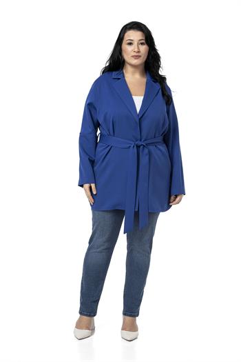 Büyük Beden Katlamalı Kollu Kuşaklı Astarsız Uzun Saks Mavi Ceket