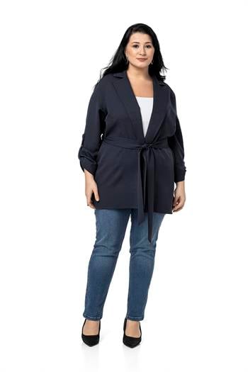 Büyük Beden Katlamalı Kollu Kuşaklı Astarsız Uzun Lacivert Ceket