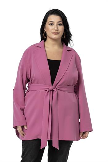 Büyük Beden Katlamalı Kollu Kuşaklı Astarsız Uzun Gül Kurusu Ceket