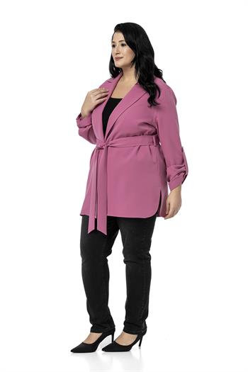 Büyük Beden Katlamalı Kollu Kuşaklı Astarsız Uzun Gül Kurusu Ceket