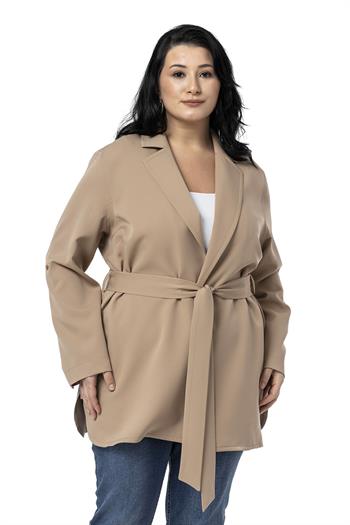 Büyük Beden Katlamalı Kollu Kuşaklı Astarsız Uzun Vizon Ceket