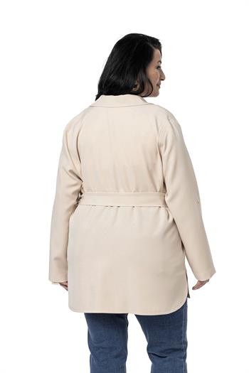 Büyük Beden Katlamalı Kollu Kuşaklı Astarsız Uzun Açık Bej Rengi Ceket