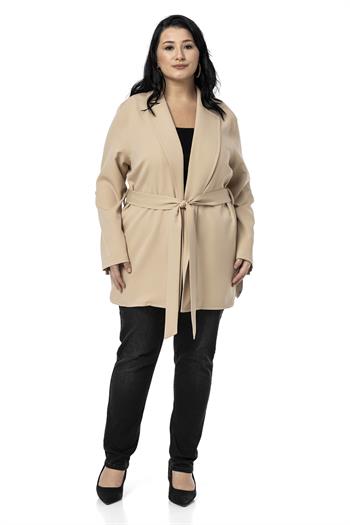 Büyük Beden Katlamalı Kollu Kuşaklı Astarsız Uzun Bej Rengi Ceket