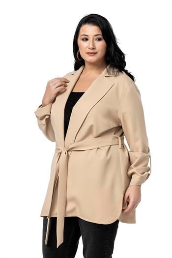 Büyük Beden Katlamalı Kollu Kuşaklı Astarsız Uzun Bej Rengi Ceket