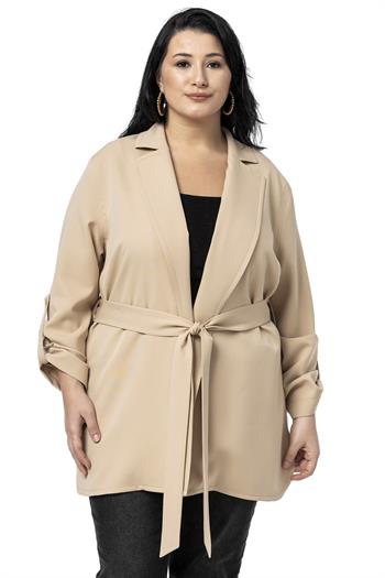 Büyük Beden Katlamalı Kollu Kuşaklı Astarsız Uzun Bej Rengi Ceket