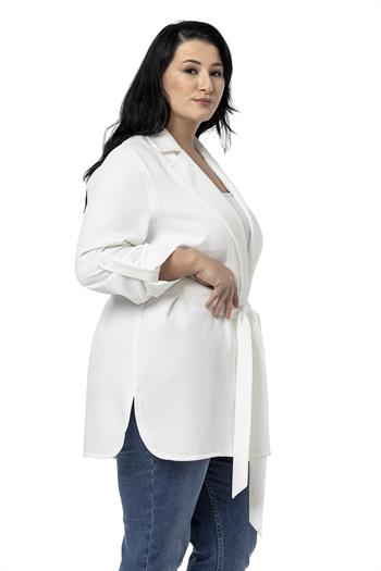 Büyük Beden Katlamalı Kollu Kuşaklı Astarsız Uzun Beyaz Ceket