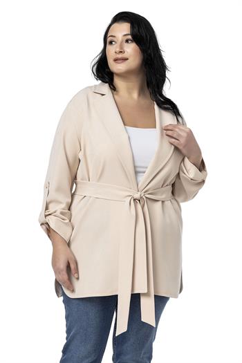 Büyük Beden Katlamalı Kollu Kuşaklı Astarsız Uzun Açık Bej Rengi Ceket