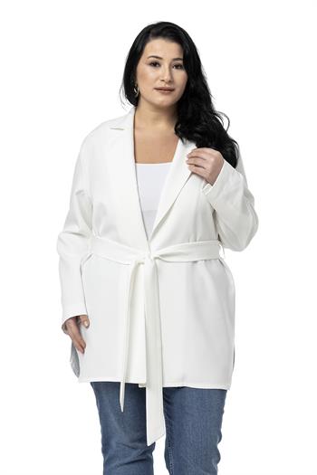 Büyük Beden Katlamalı Kollu Kuşaklı Astarsız Uzun Beyaz Ceket