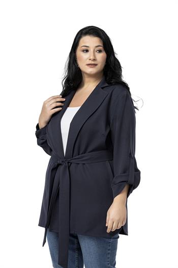 Büyük Beden Katlamalı Kollu Kuşaklı Astarsız Uzun Lacivert Ceket