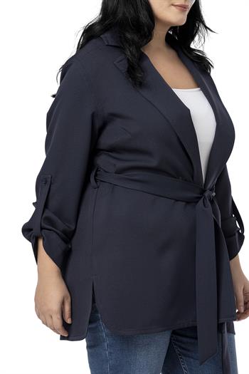 Büyük Beden Katlamalı Kollu Kuşaklı Astarsız Uzun Lacivert Ceket