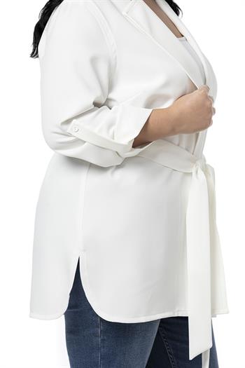 Büyük Beden Katlamalı Kollu Kuşaklı Astarsız Uzun Beyaz Ceket