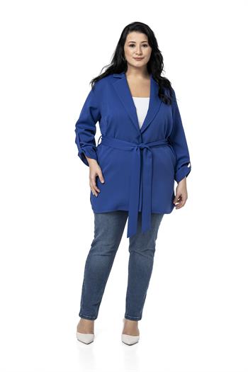 Büyük Beden Katlamalı Kollu Kuşaklı Astarsız Uzun Saks Mavi Ceket