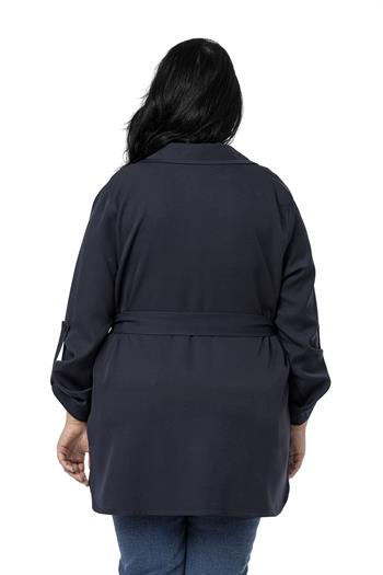 Büyük Beden Katlamalı Kollu Kuşaklı Astarsız Uzun Lacivert Ceket