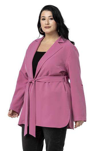 Büyük Beden Katlamalı Kollu Kuşaklı Astarsız Uzun Gül Kurusu Ceket