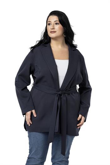 Büyük Beden Katlamalı Kollu Kuşaklı Astarsız Uzun Lacivert Ceket