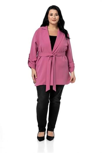 Büyük Beden Katlamalı Kollu Kuşaklı Astarsız Uzun Gül Kurusu Ceket