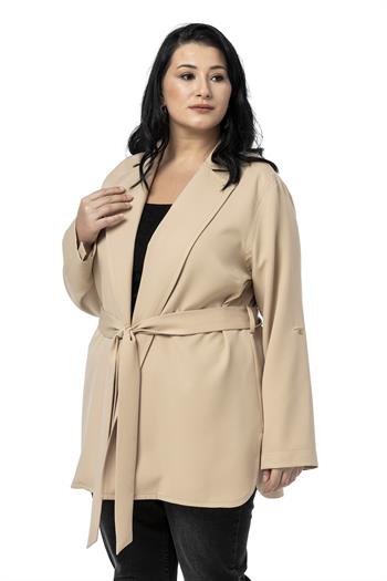 Büyük Beden Katlamalı Kollu Kuşaklı Astarsız Uzun Bej Rengi Ceket