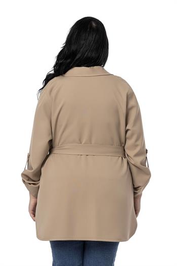 Büyük Beden Katlamalı Kollu Kuşaklı Astarsız Uzun Vizon Ceket